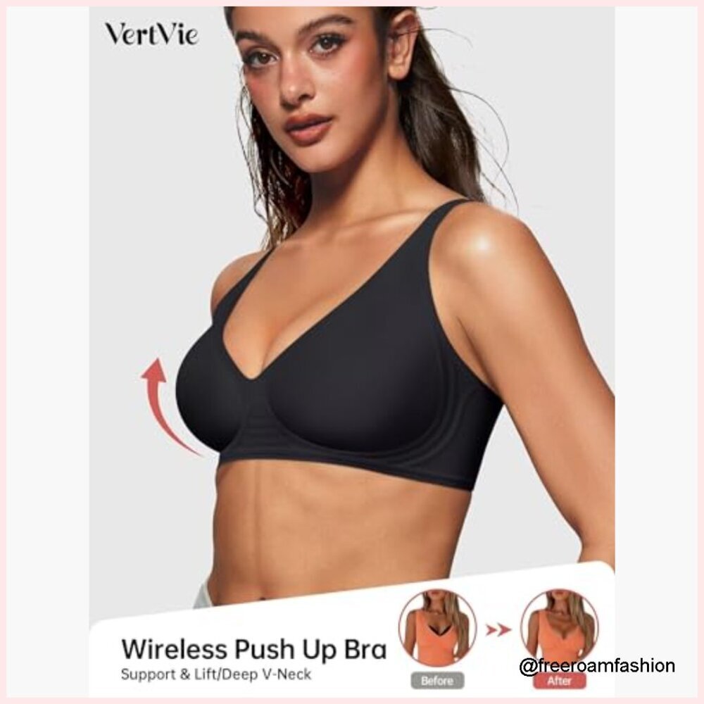 Wireless Push Up Plunge Bra Seamless Full Coverage Bralette Supportive View 2